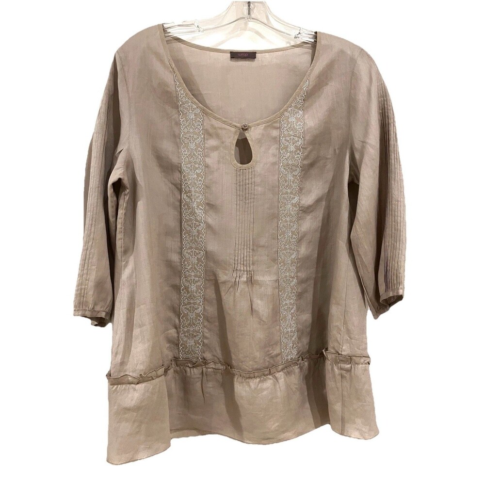 NWOT Wrap Women’s Boho Peasant Blouse 100% Ramie Taupe Metallic Embroidery Sz L